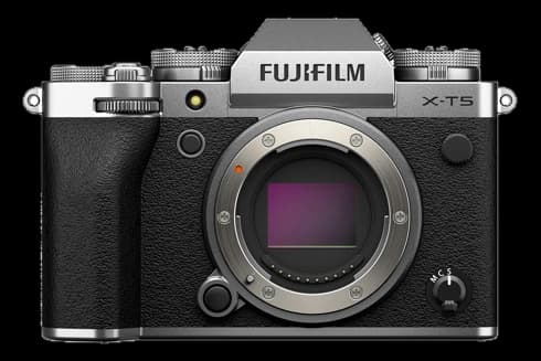 Fujifilm X-T5 mirrorless camera body on a clean studio background